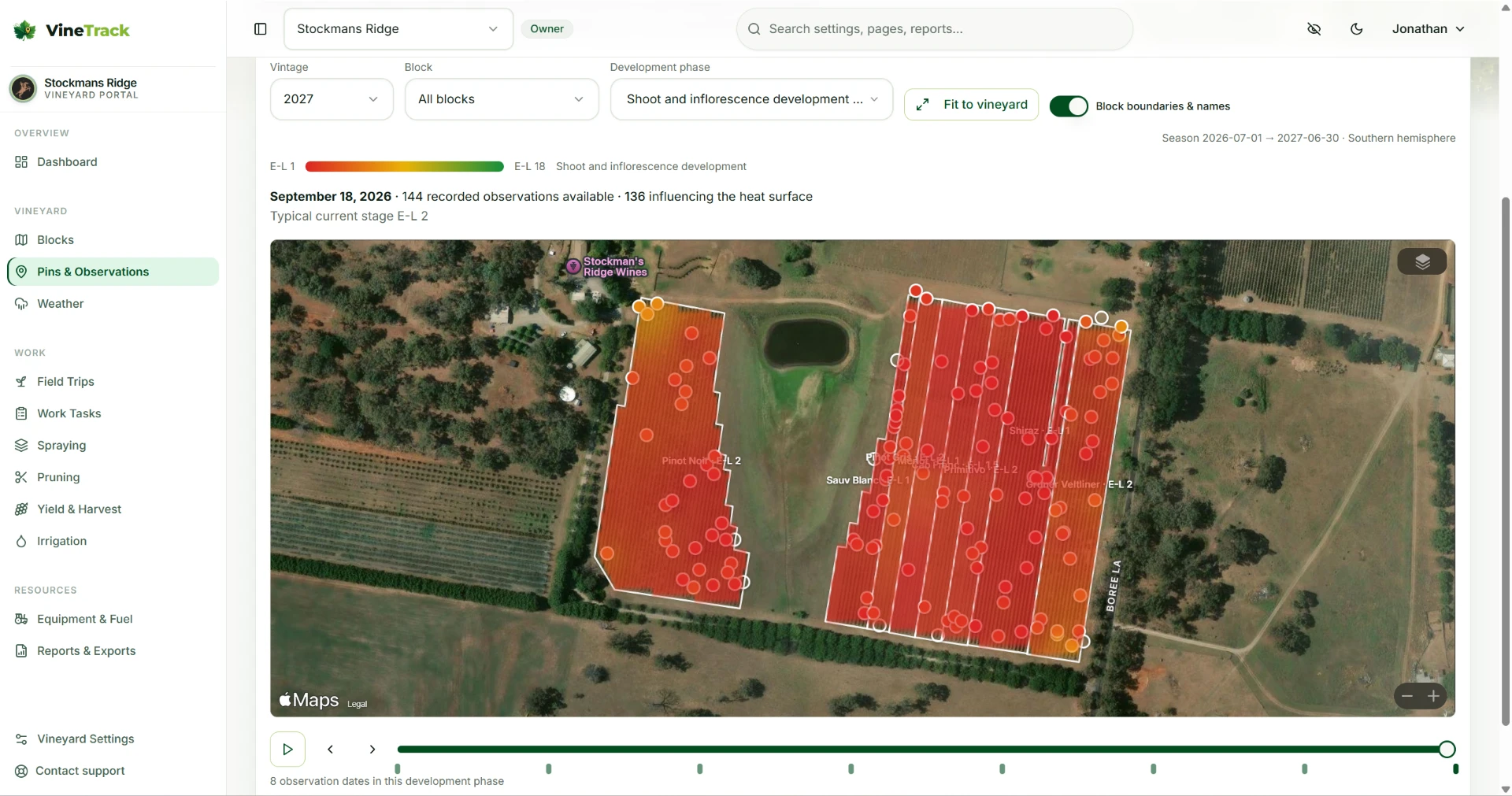 VineTrack Portal E-L stage heatmap over a satellite vineyard map, colour-coding recorded shoot and inflorescence development observations by block with a date timeline