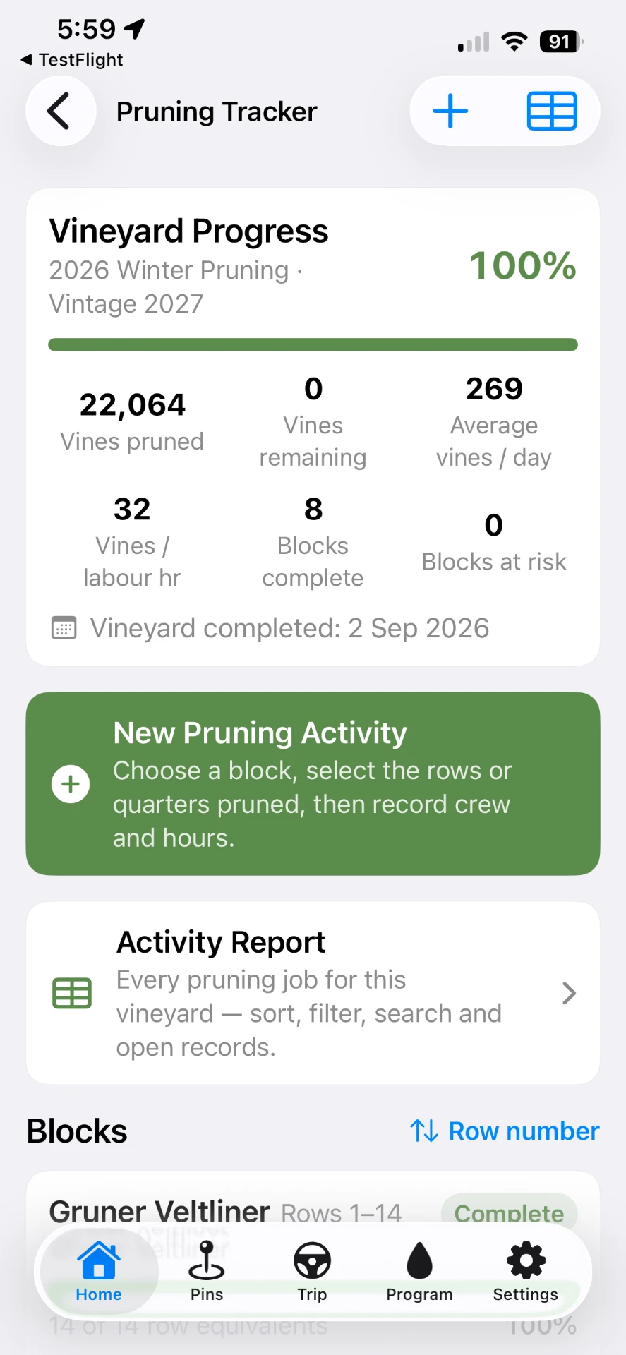 VineTrack mobile pruning tracker showing vineyard progress at 100 percent with vines pruned, vines remaining, average vines per day, vines per labour hour and blocks complete