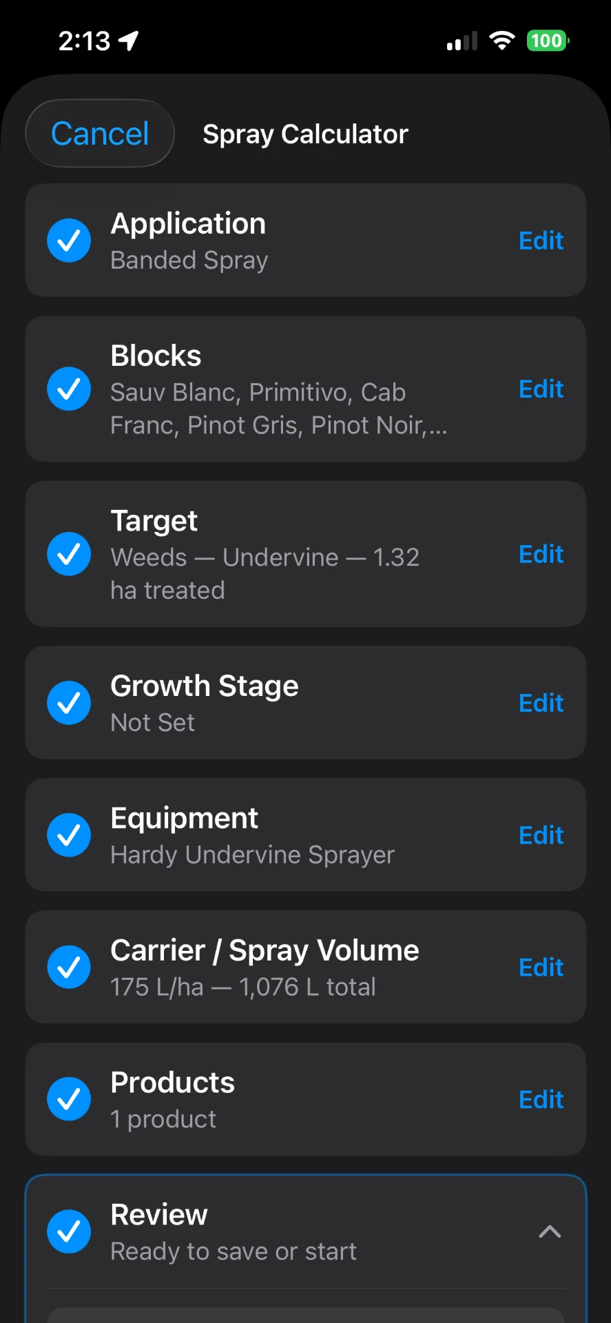 VineTrack mobile spray calculator with completed steps for application type, blocks, target, growth stage, equipment, carrier volume and products, ready to save or start