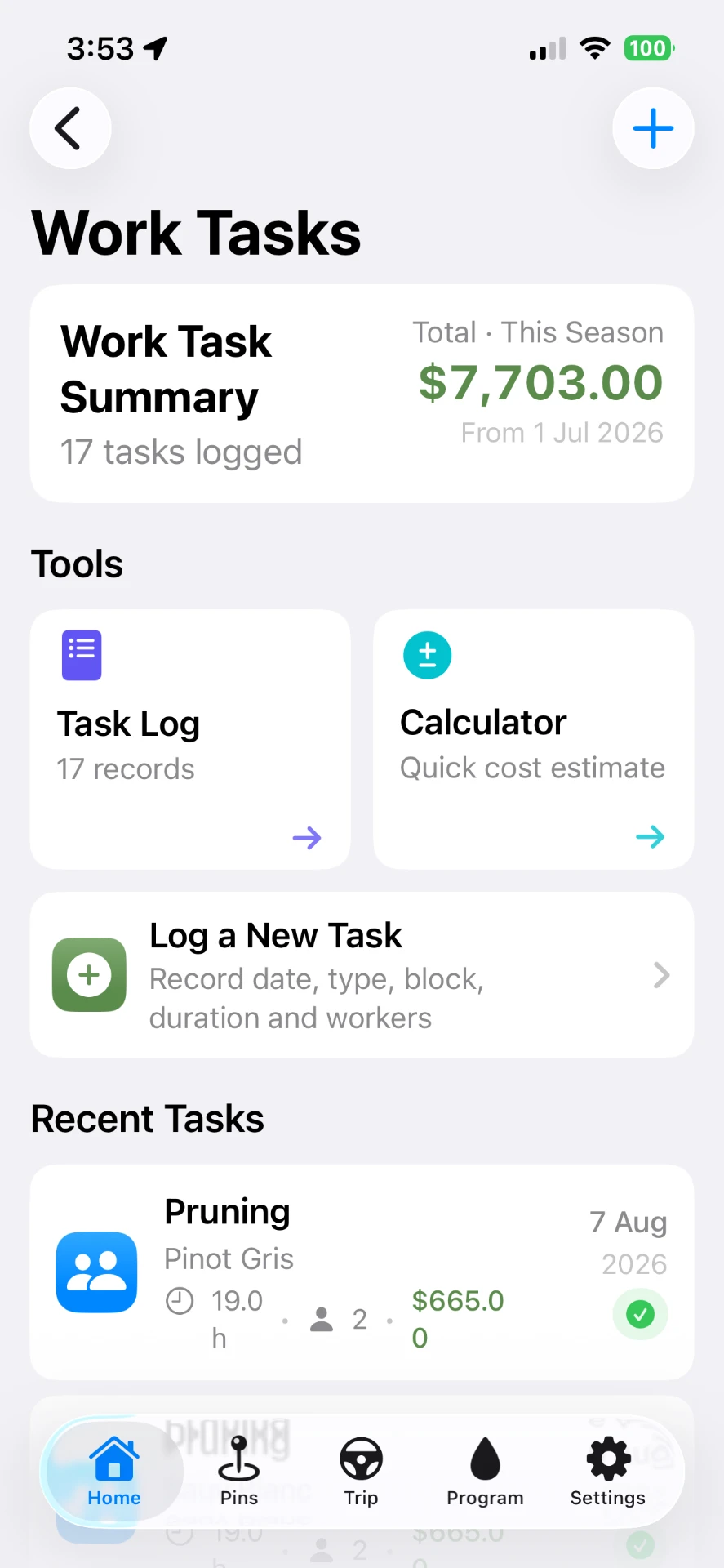 VineTrack mobile Work Tasks screen showing season task totals, task log and cost calculator tools, and a recent pruning task with hours, workers and cost