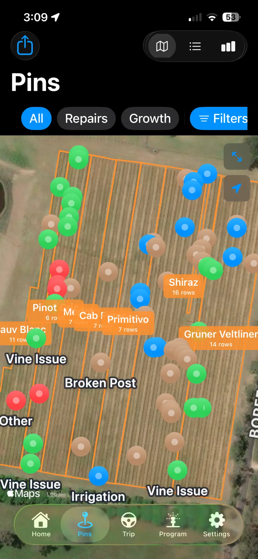VineTrack mobile Pins map showing colour-coded irrigation, broken post and vine issue pins across labelled vineyard blocks with row counts