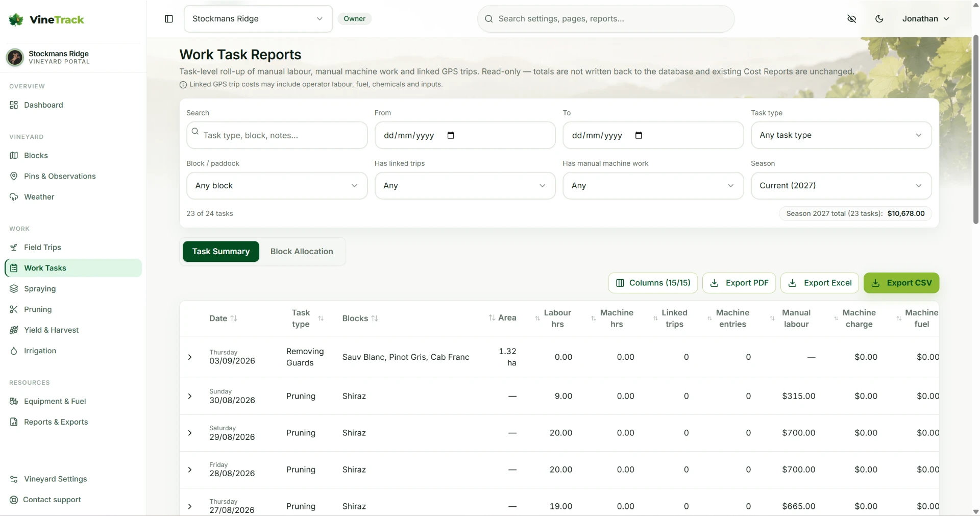 VineTrack Portal work task report with filters by date, task type, block and season, showing labour hours, machine hours, linked trips and costs per task