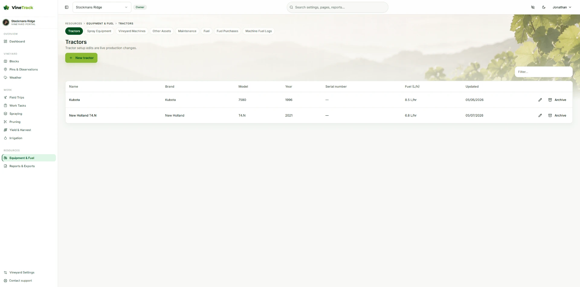 VineTrack Portal equipment register showing vineyard tractors with brand, model, year, serial number, fuel use and update details