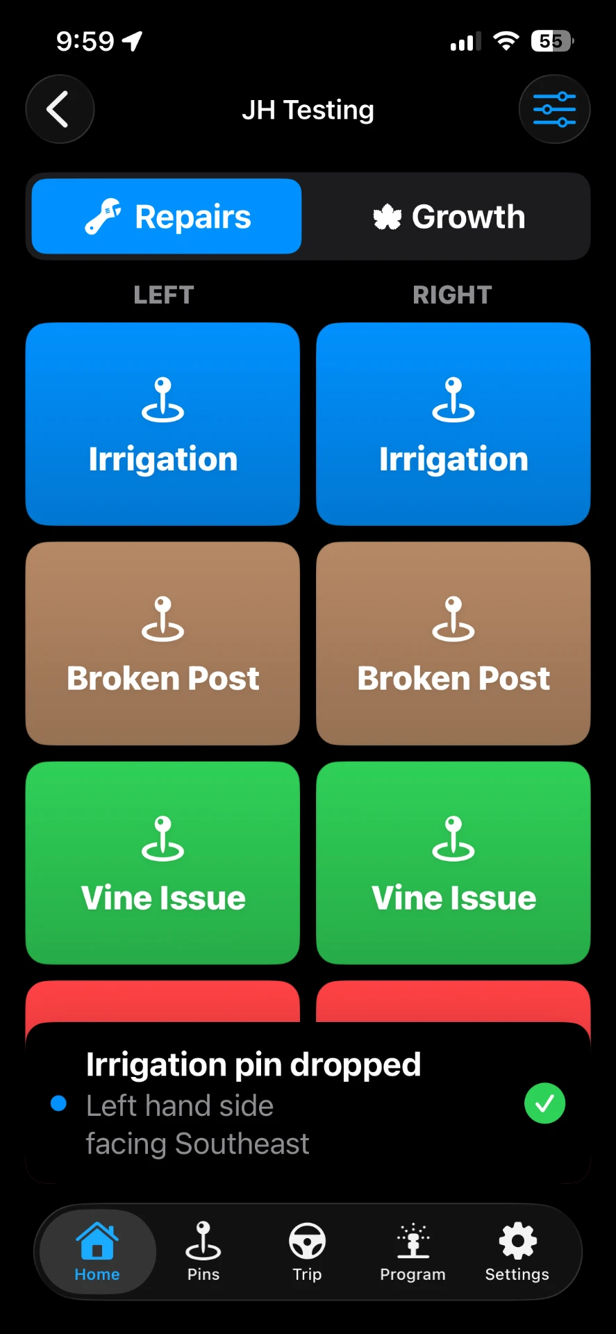VineTrack mobile app showing one-tap pin buttons for Irrigation, Broken Post and Vine Issue on the left and right side of the row, with a confirmation that an irrigation pin was dropped