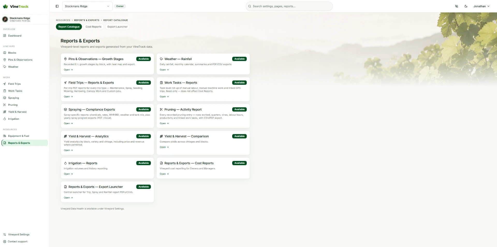 VineTrack Portal report catalogue showing available growth, weather, field trip, work task, spraying, pruning, yield, irrigation and cost reports