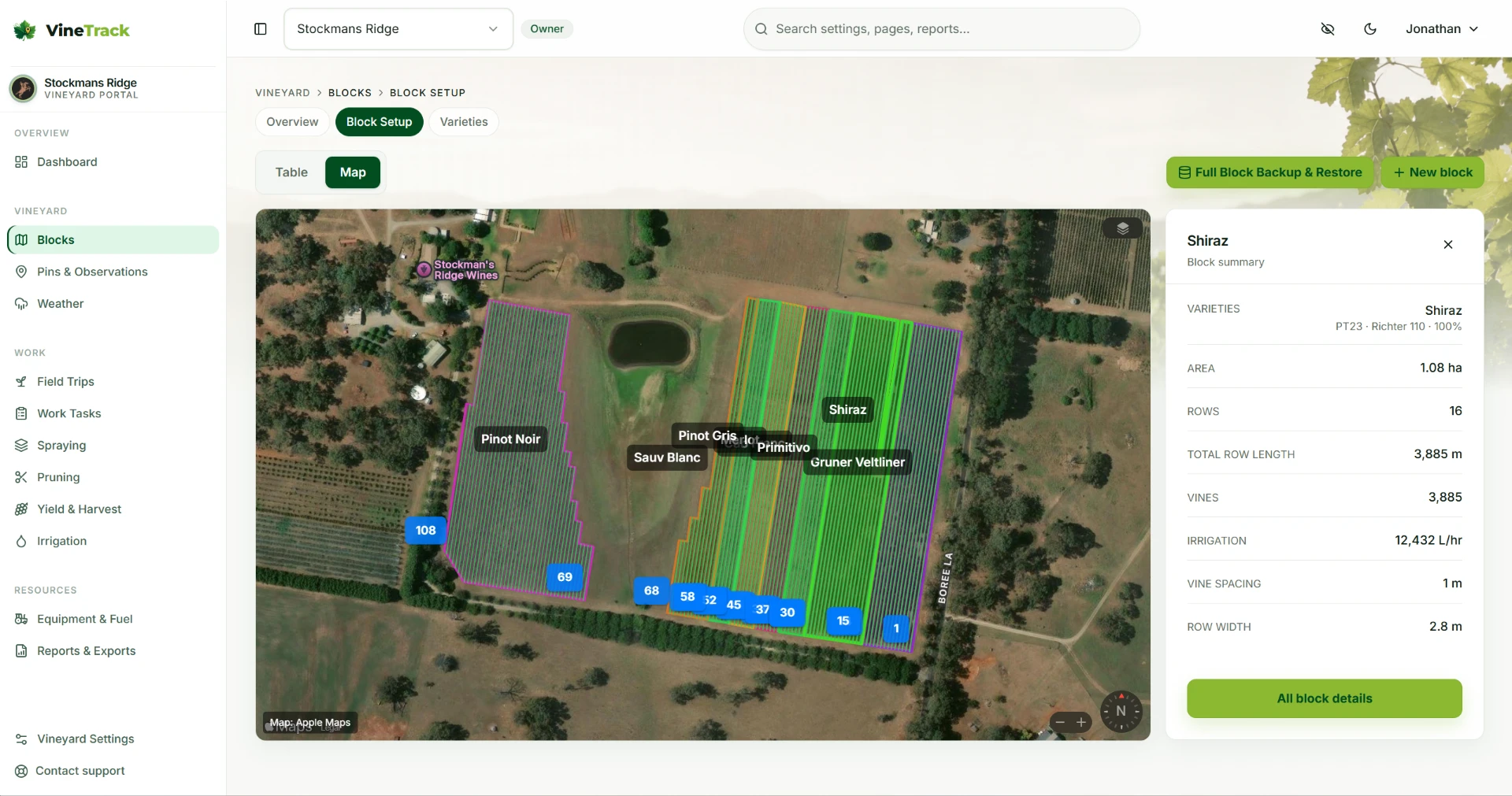 VineTrack Portal block setup screen showing a satellite vineyard map with colour-coded blocks, row numbers and a Shiraz block summary listing area, rows, vines, irrigation and row spacing