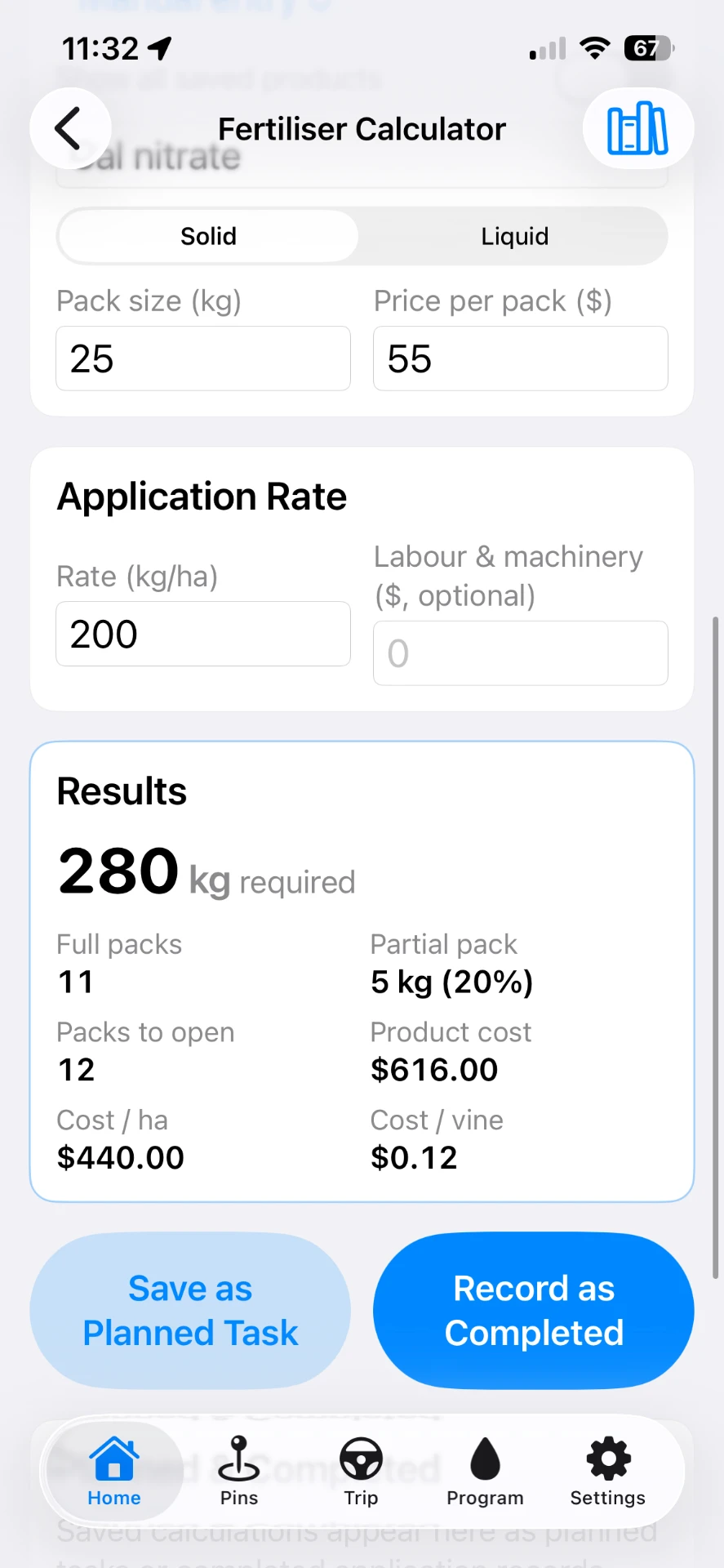 VineTrack fertiliser calculation on the mobile app