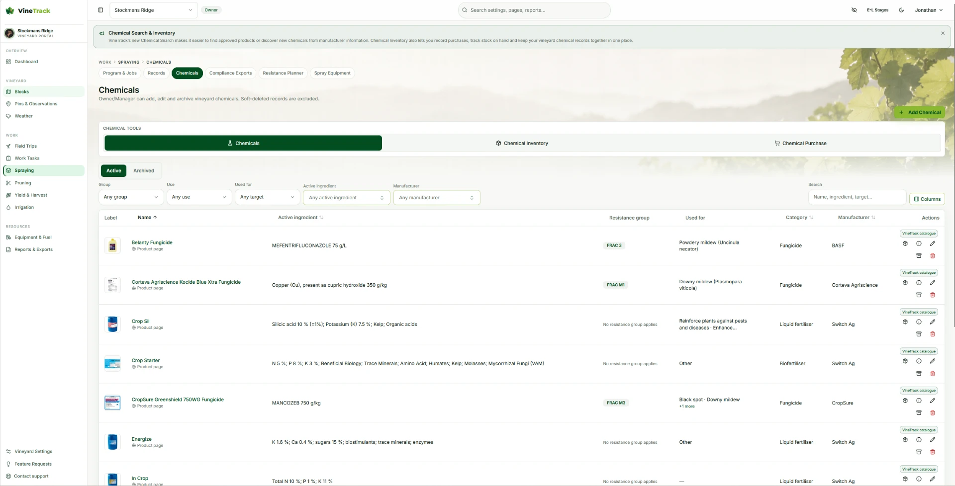 VineTrack Portal Chemicals page with Chemical Tools tabs for Chemicals, Chemical Inventory and Chemical Purchase, filters, and a list of products showing labels, active ingredients, FRAC resistance groups, targets, categories and manufacturers