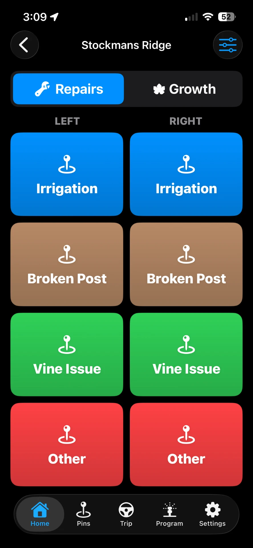 VineTrack mobile app home screen with large field-ready buttons for recording irrigation, broken posts, vine issues and other repairs