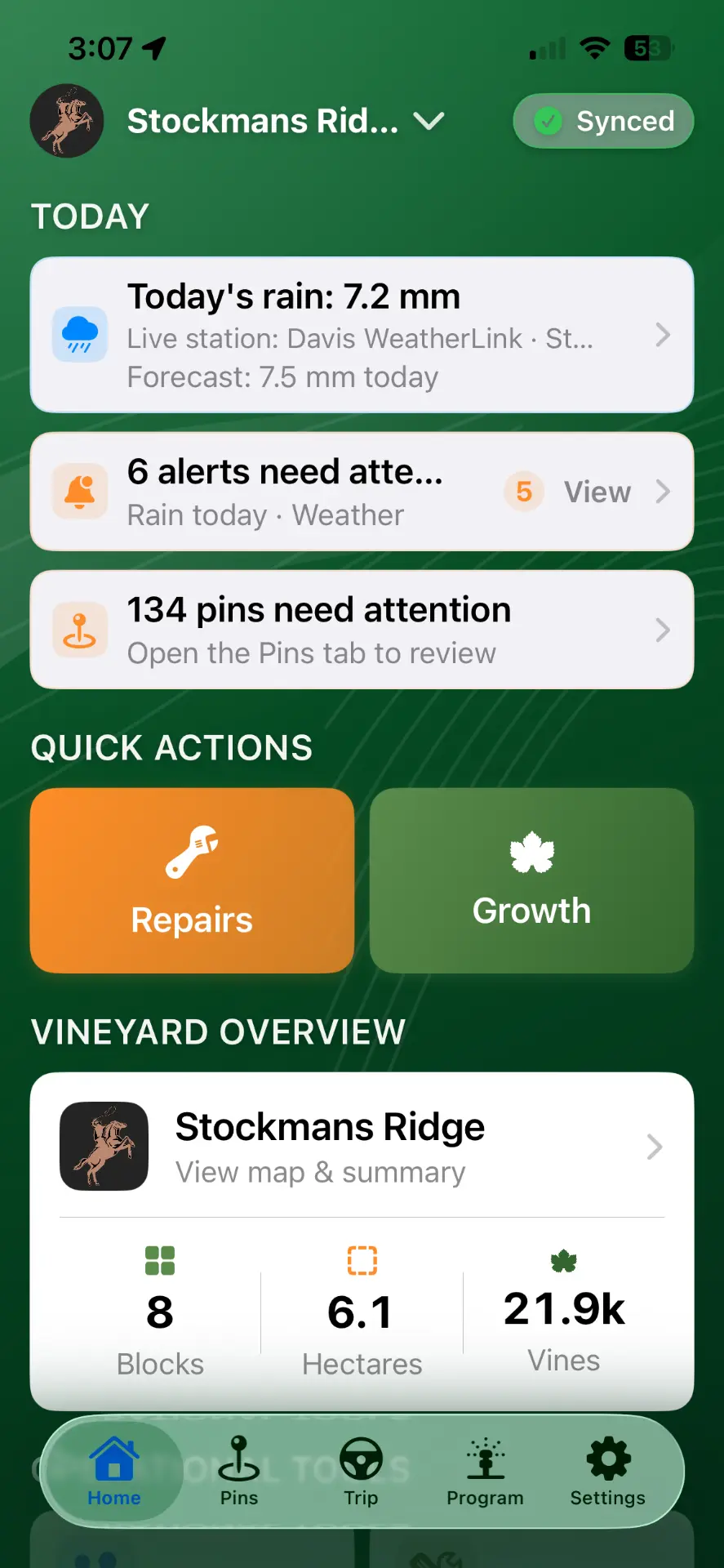 VineTrack mobile home screen showing rainfall, alerts, vineyard Pins needing attention, quick actions and the Stockmans Ridge vineyard overview