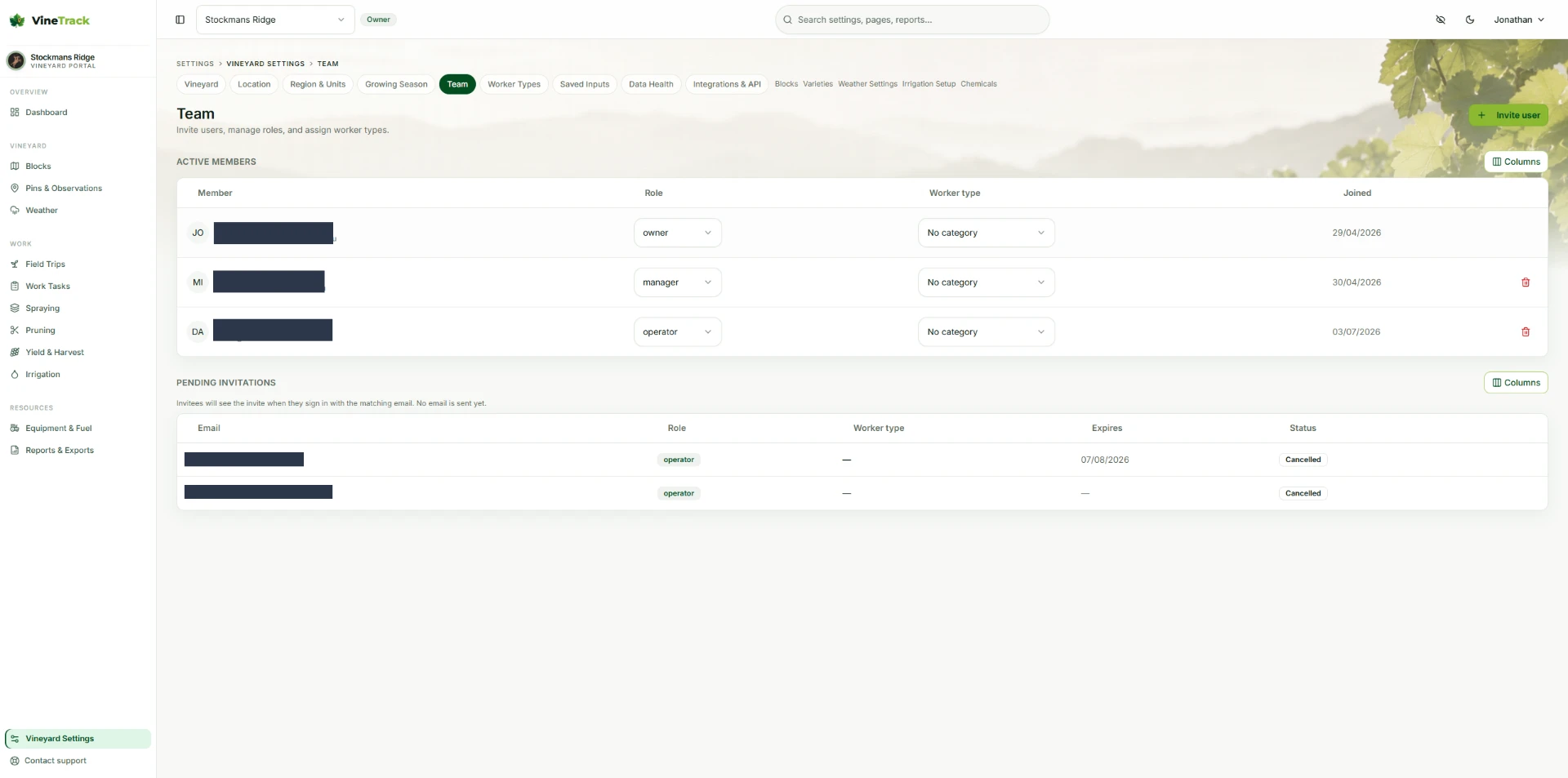 VineTrack Portal team management showing active members, vineyard roles, worker types and pending invitations with personal details obscured