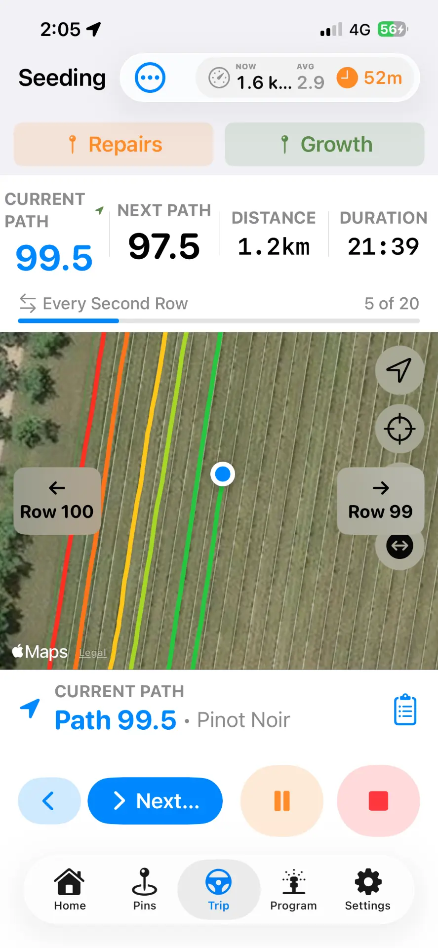 VineTrack mobile app running an active GPS trip, showing current and next row paths, distance, duration, every second row progress and a live satellite map of the vineyard rows