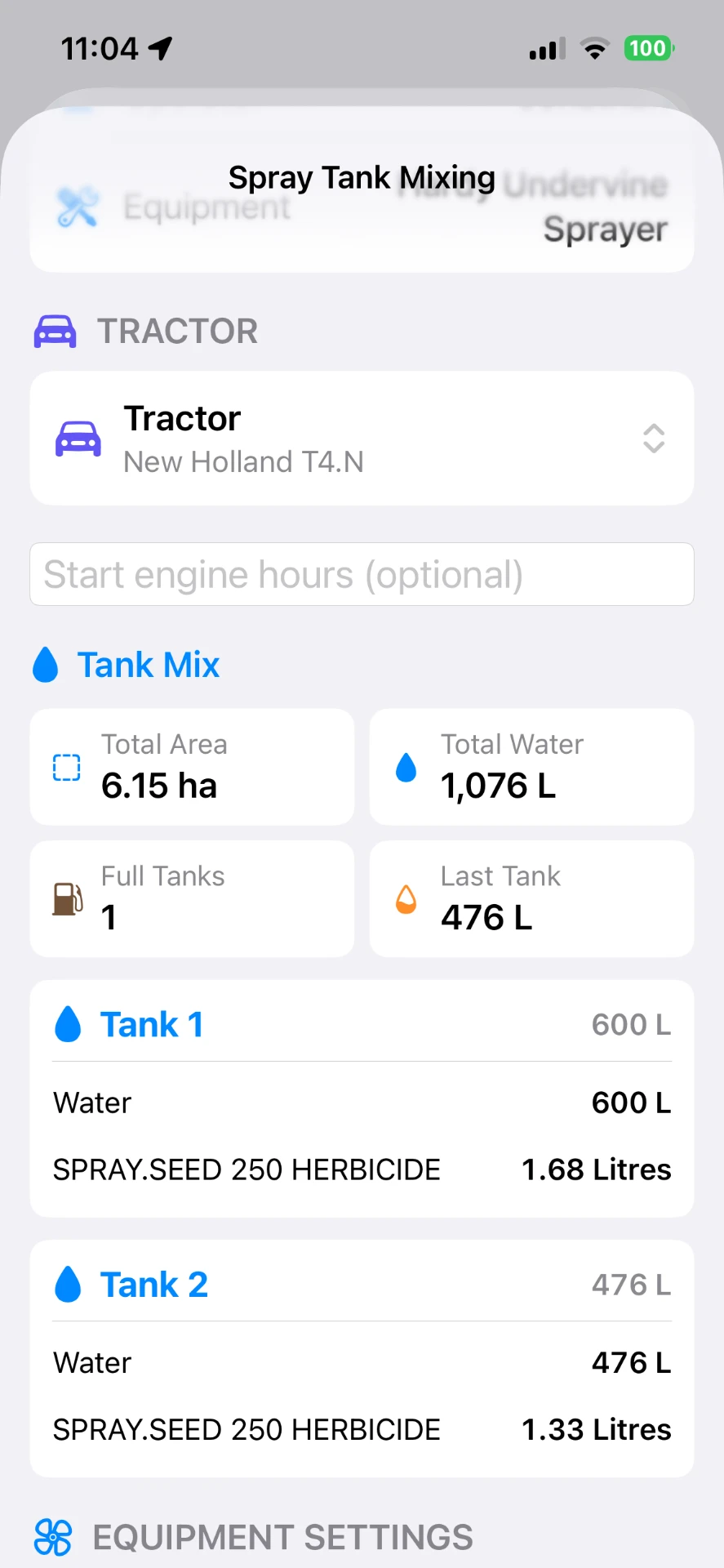 VineTrack spray tank mixing screen showing tractor and equipment, total area 6.15 ha, total water 1,076 L, one full tank and last tank 476 L, and per-tank water and product quantities for SPRAY.SEED 250 herbicide
