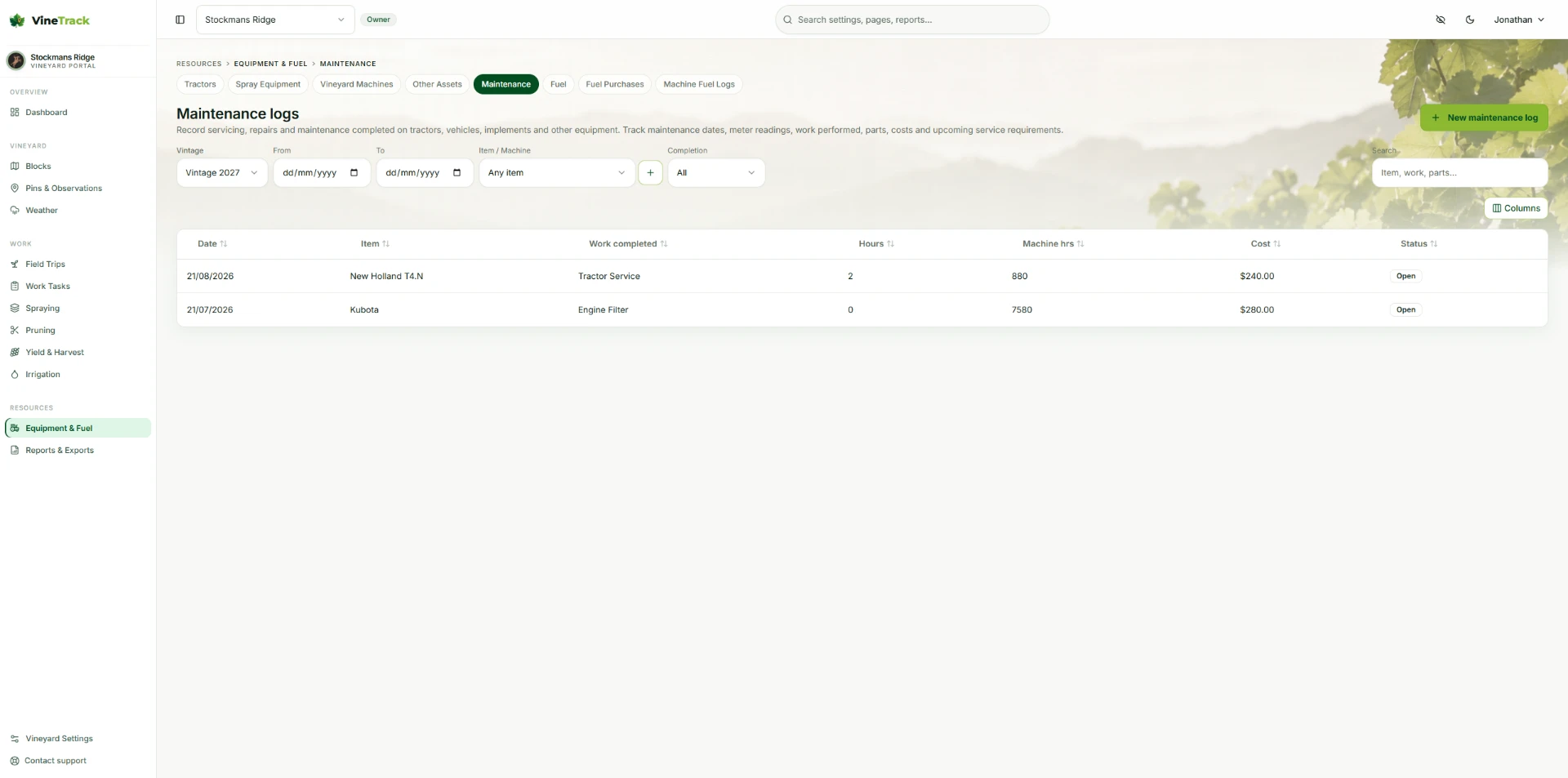 VineTrack Portal maintenance log showing completed tractor servicing, machine hours, costs and status