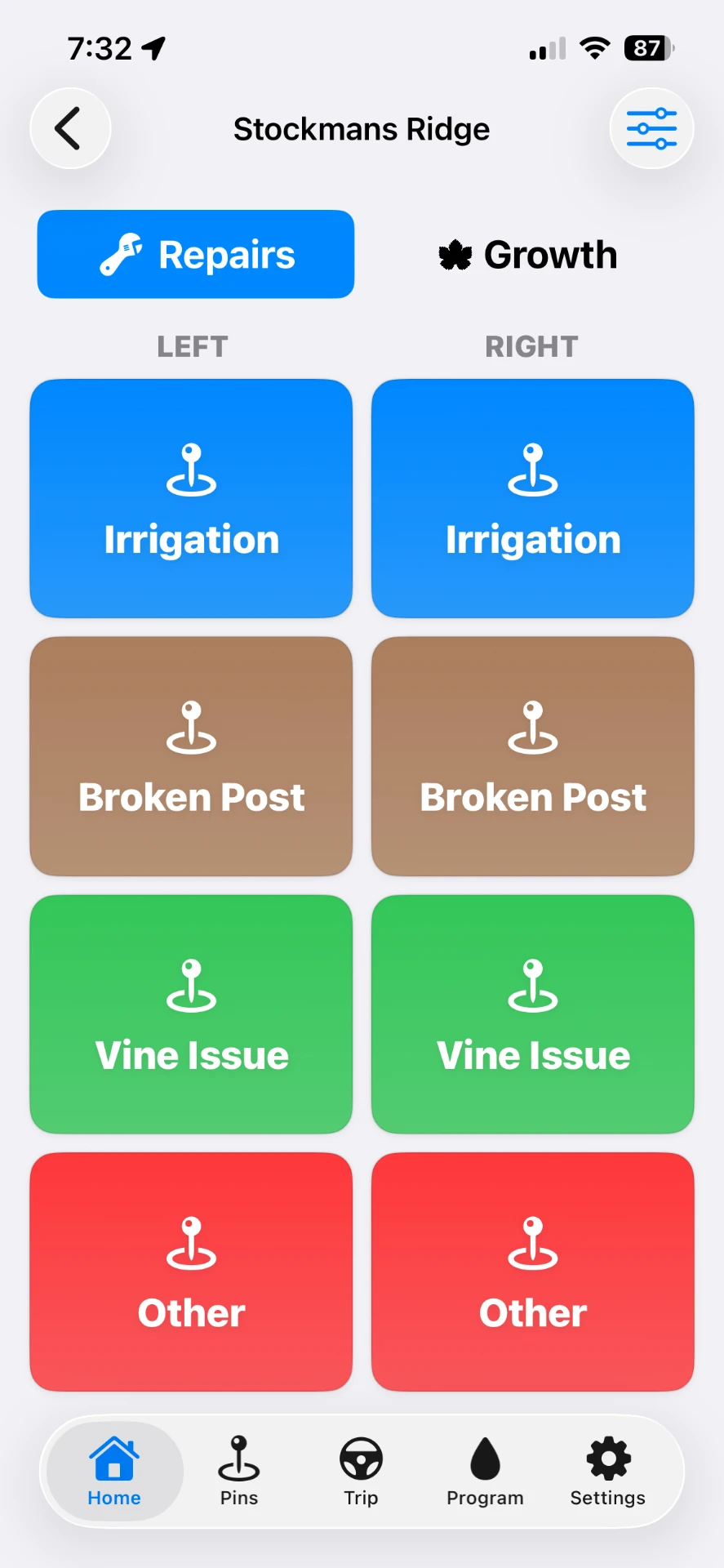 VineTrack mobile app home screen showing one-tap Repairs buttons for Irrigation, Broken Post, Vine Issue and Other across the left and right side of the row, with Home, Pins, Trip, Program and Settings navigation