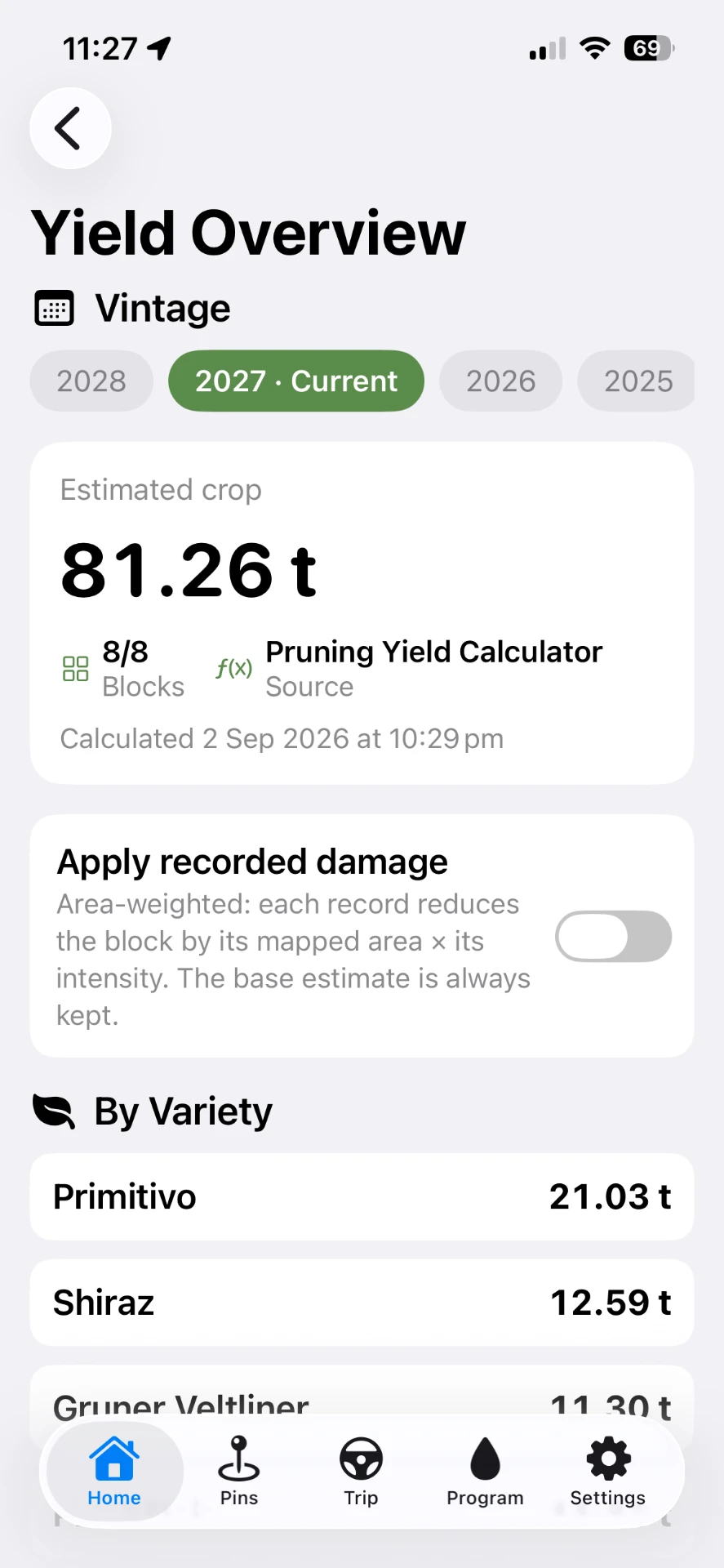 VineTrack mobile yield estimation showing estimated yield per block across the vineyard