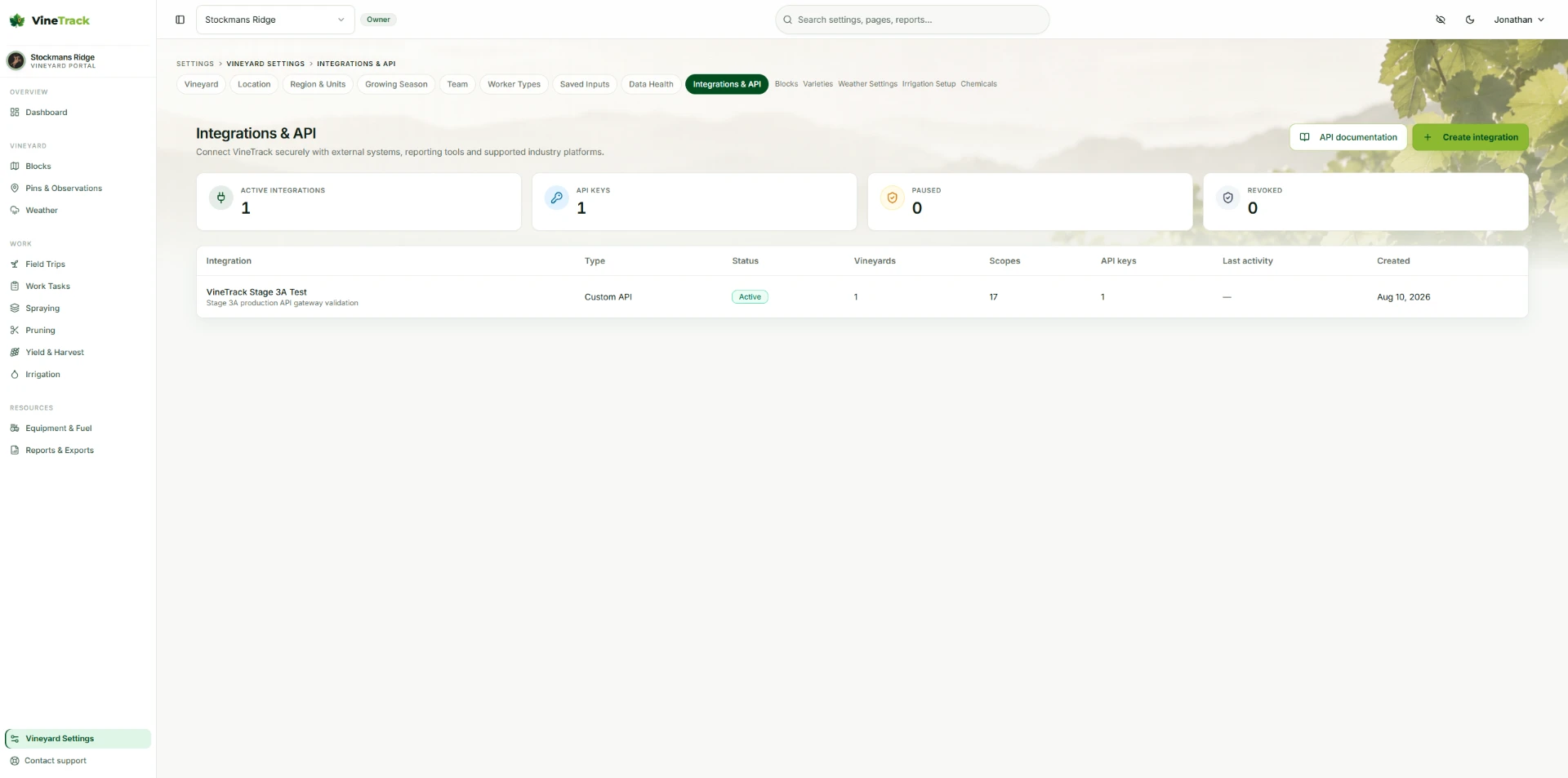 VineTrack Portal integrations page showing active integration status, API keys, permissions and activity overview