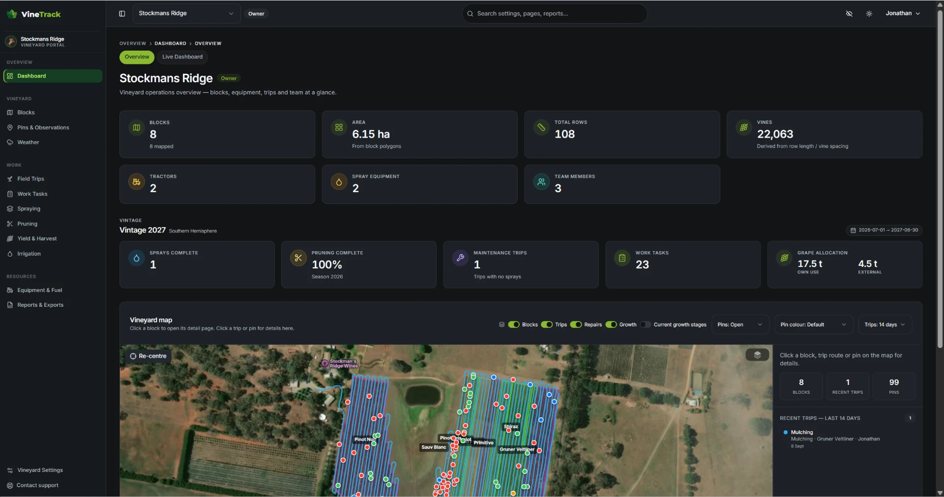 VineTrack Portal dashboard showing vineyard blocks, area, rows and vines, vintage progress for sprays, pruning, trips and work tasks, and a satellite vineyard map with trip routes and pins