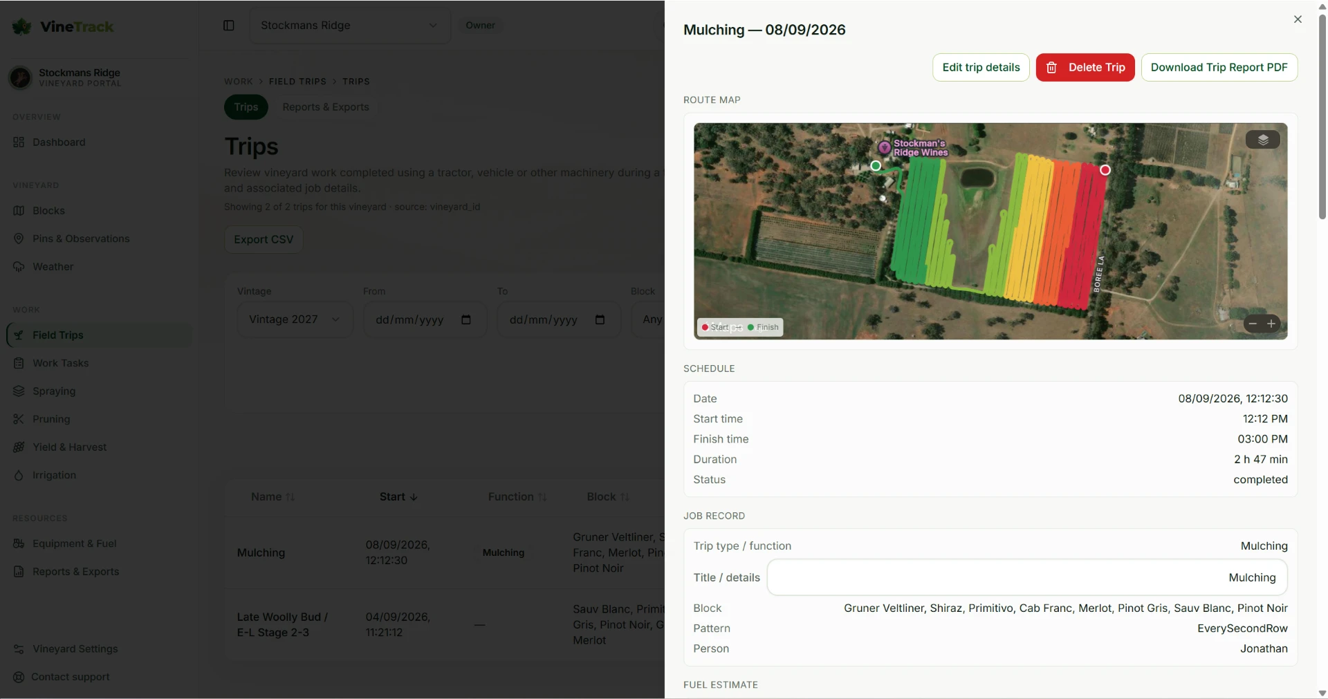 VineTrack Portal trip report showing a colour-coded GPS route map over vineyard rows with the trip schedule, duration, status and job record details
