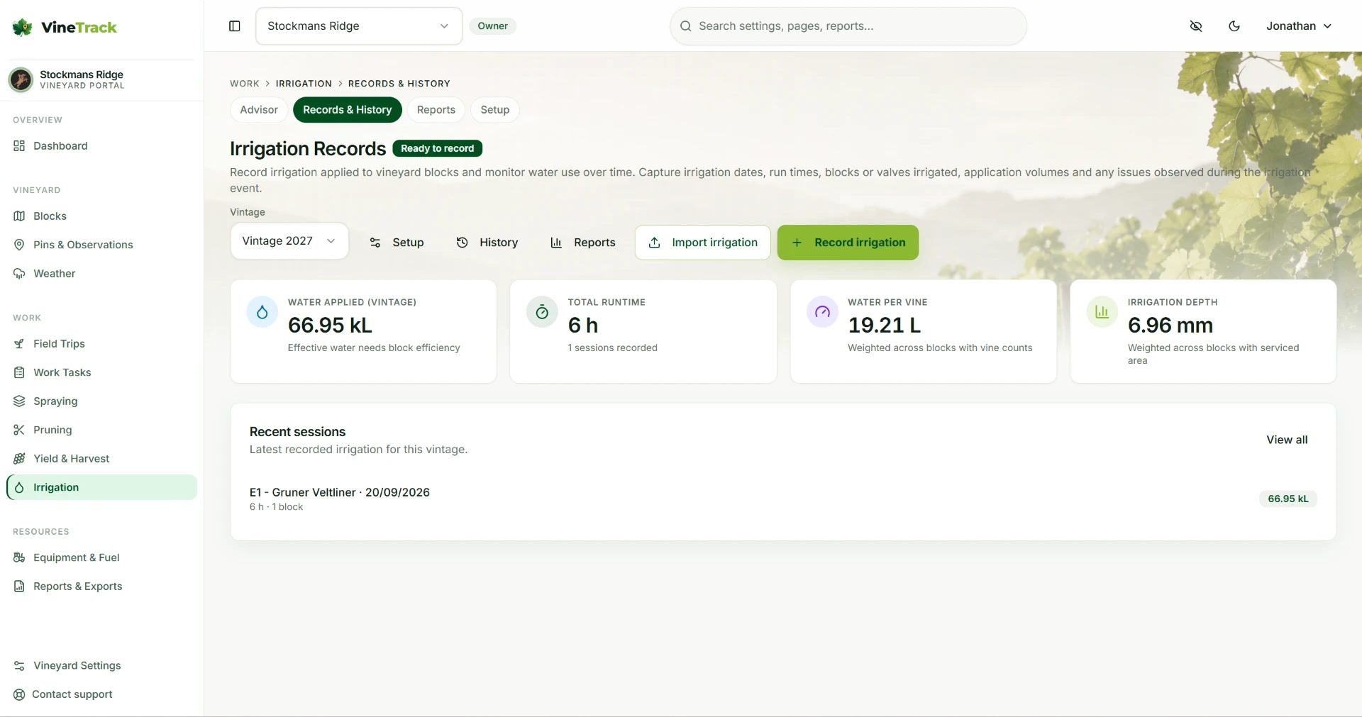 VineTrack Portal irrigation records page showing water applied, total runtime, water per vine and irrigation depth for the vintage with recent irrigation sessions