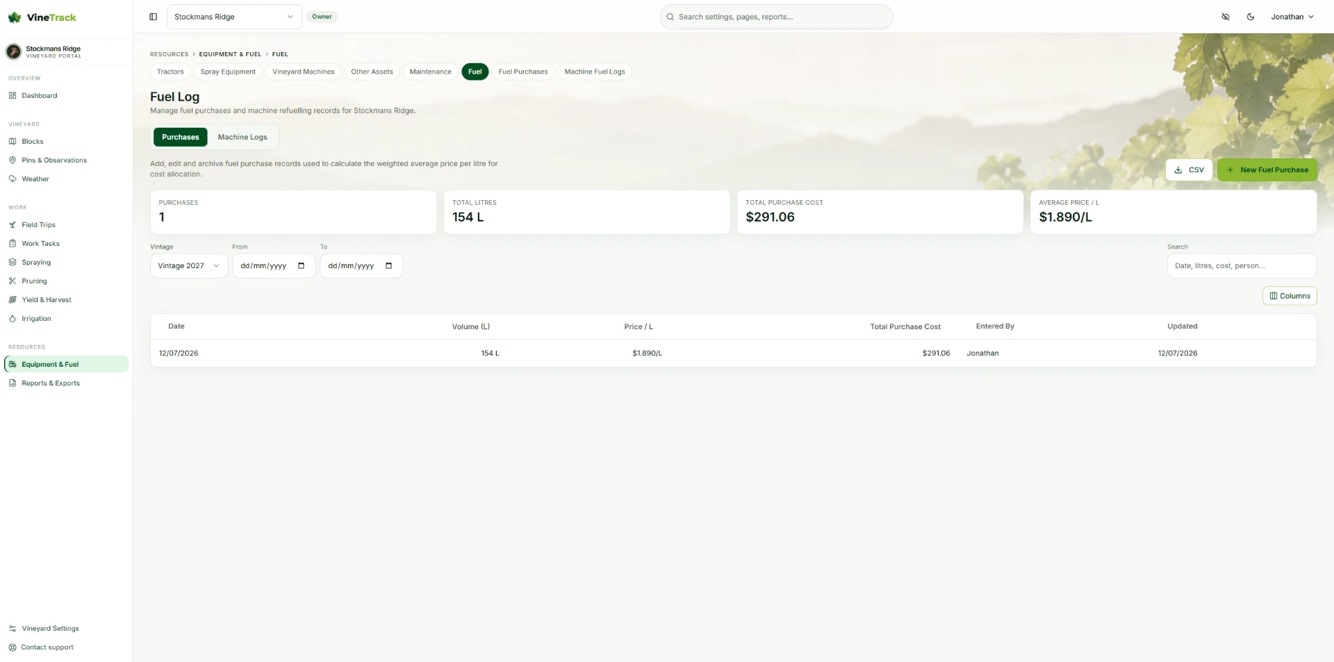 VineTrack Portal fuel log showing purchases, total litres, total cost, average price per litre and purchase records