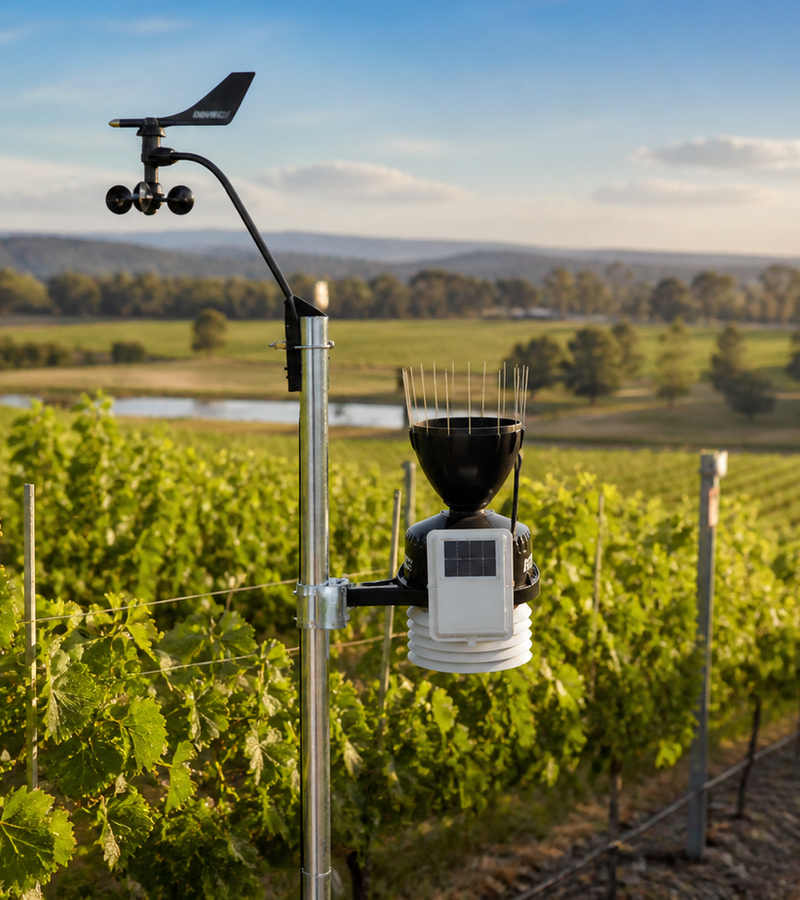 Davis weather station shown in a vineyard setting