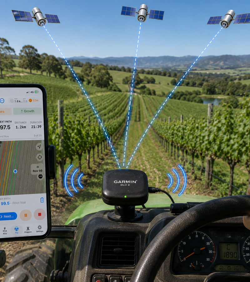 Garmin GLO 2 shown in a vineyard setting